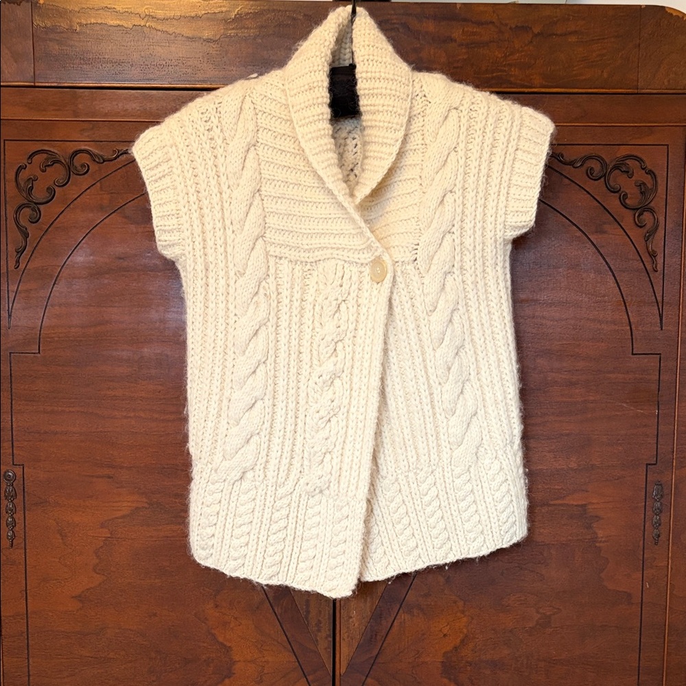 Cream Cable Knit Shawl Collar Short Sleeve Sweater Vest